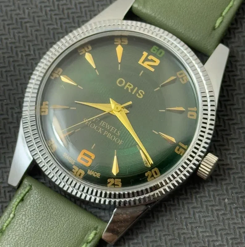 Rare Vintage Oris Green New Dial Hand Winding FHF Movement ST-96 Swiss Mens Wrist Watcht