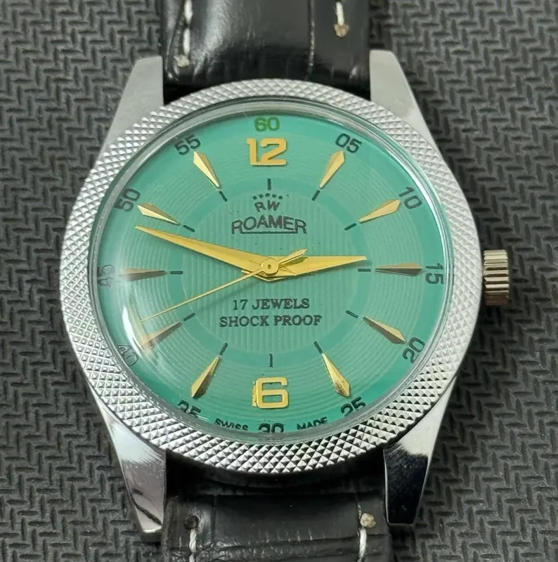 Rare Vintage Roamer tiffany Blue Dial Hand Winding FHF Movement ST-96 Swiss Mens Wrist Watch