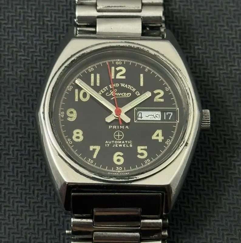 Vintage West End Watch Co jawan Prima Automatic Black Dial Date Day Swiss Made Mens Wrist Watch- Swiss Made